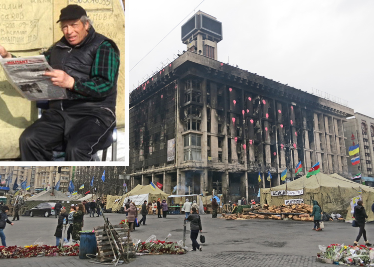 Militant reporting team visited Independence Square, Kyiv, March 17, 2014. Trade Union House, above, was burned out a month earlier as pro-Moscow regime waged deadly attacks on huge Maidan popular uprising before President Yanukovych fled. Inset, miner at Donetsk tent on Maidan reading the Militant. The tent is shown on the right in the main picture above.