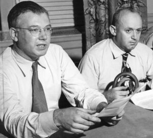 George Novack, left, led many successful defense campaigns over decades. Above, Novack with James Kutcher, the “legless veteran,” sacked from federal job in 1948 for being SWP member.