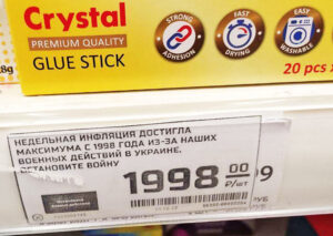 Homemade “price sticker” placed in supermarket in Kazan, Russia, reads: “Weekly inflation reached the maximum since 1998 due to military actions in Ukraine. Stop the war.” Anti-war protests include rallies, putting up crosses that say “No war!” and other creative actions.