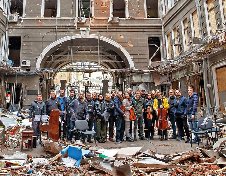 Ukrainian musicians gather to play in bombed out Palace of Labor in Kharkiv, April 14. In the face of death and destruction raining down from the invading Russian military, Ukrainian people are showing an irrepressible spirit of resistance to Moscow’s invasion.