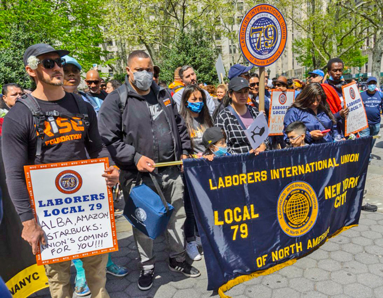 Construction workers’ contingent from Laborers Local 79 at May Day march in New York City. 
