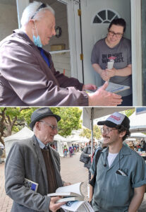 Top, Communist League campaigner Ned Dmytryshyn talks with Melanie Serre in East Vancouver, British Columbia, about war against Ukraine. Below, Joel Britton, SWP candidate for California governor, promotes Militant, Pathfinder books at Bay Area Book Festival May 7.