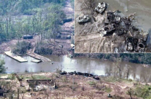 Remains of Russian pontoons, tanks, weapons at river in Donbas May 11 after being destroyed by Ukrainian artillery. In several attempts to cross pontoon bridges, hundreds of Moscow’s troops were killed and over 70 Russian armored vehicles, foreground and inset, were destroyed. 