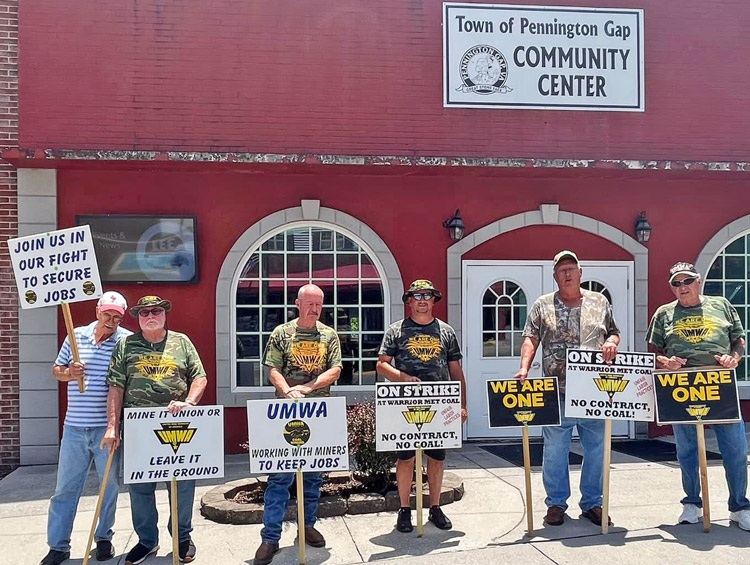 Alabama miners picket Warrior Met job fair to hire scabs in Pennington Gap, Virginia, June 24. Bosses refuse to honor promise to restore wages, benefits, conditions lost by UMWA members.