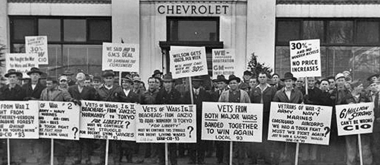 Workers picket General Motors plant in Michigan, part of 1945-46 nationwide 113-day strike by 320,000 United Auto Workers members. Socialist Workers Party leader James P. Cannon, jailed for SWP’s revolutionary program, wrote to help prepare party for bold campaign with Militant as rising labor battles began as World War II ended.