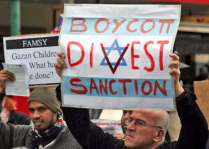 “Boycott, Divestment and Sanctions” campaign seeks to exclude Israeli musicians, athletes and professors from international events and targets businesses trading with Israel. Above, June 2010 action in Melbourne, Australia. Antisemitism, often under the cloak of “anti-Zionism,” said Koppel, “is widespread among the left, including among Democratic Party politicians.”