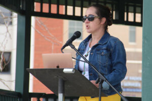 Riata Little Walker, backer of Wellspring Health Access family planning clinic damaged in arson attack in Casper, Wyoming, speaks at pro-choice rally there May 14. Women who face medical problems in a pregnancy “are the only ones who can make those decisions,” she said.