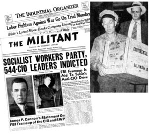 The Militant and union-published Industrial Organizer cover the start of frame-up trial that followed June 1941 FBI raid on Socialist Workers Party headquarters in Minneapolis. In blatant attack on constitutional rights, FBI seized boxes of communist literature freely available for purchase in the bookstore. Thirty-three years later SWP put FBI on trial, exposing decades of spying, disruption.