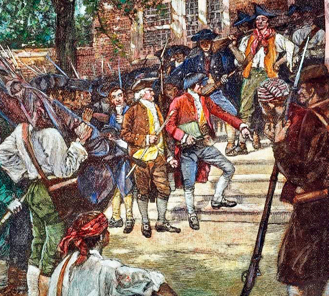 En 1786, granjeros en Massachusetts durante Rebelión de Shays. Muchos, como su líder, Daniel Shays, eran veteranos de la Guerra Revolucionaria. Estas revueltas contribuyeron a la aprobación de la Carta de Derechos que fortaleció la Constitución y protecciones contra el gobierno.