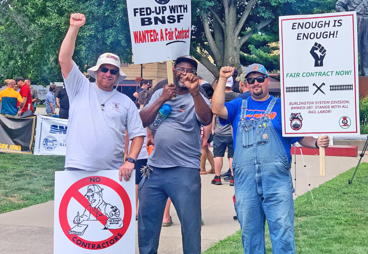 Rail workers protest in Galesburg, Illinois, July 30. Main rail unions say Aug. 16 proposal of Presidential Emergency Board doesn’t meet workers’ needs on key “quality of life” issues.