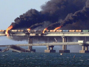 Explosion damaged bridge over Kerch Strait in Black Sea Oct. 8, disrupting supply lines between Russia and the Crimean Peninsula, part of Ukraine seized by Moscow in 2014. 