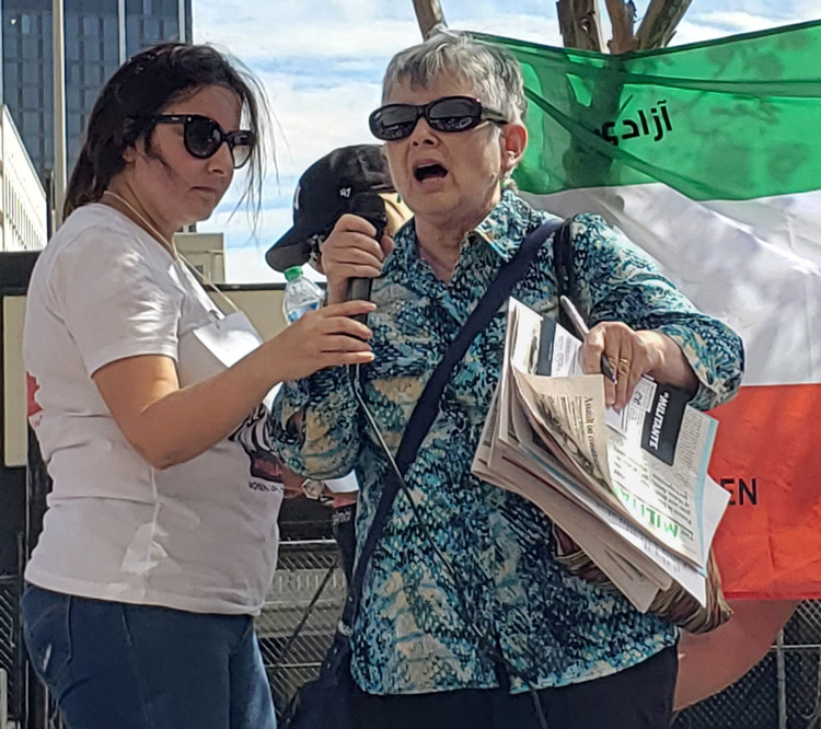 Lisa Potash, SWP candidate for U.S. Senate from Georgia, speaks at “Women, life, freedom” rally Oct. 8 in Atlanta protesting death of Mahsa Amini in Iran. “Workers and farmers in Iran bear brunt of worldwide capitalist economic crisis, compounded by U.S. sanctions,” she said.