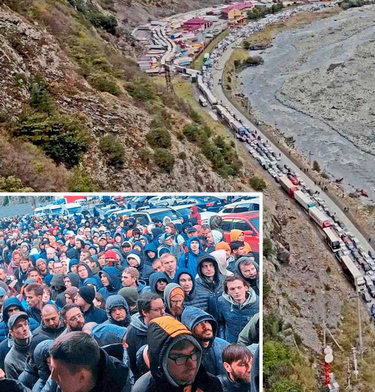Thousands of Russians have fled since Putin imposed new draft. Above, mileslong line of cars at Georgia border. Left, Russian men at border seeking to avoid becoming cannon fodder for Moscow’s Ukraine war.