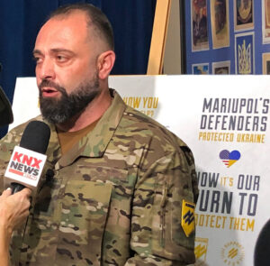 Giorgi Kuparashvili, a co-founder of Azov regiment and defender of Azovstal steel plant during Russian siege of Mariupol, Ukraine, at Los Angeles event, Oct. 5. He called for support for fight to free remaining Ukrainian POWs held in Russia.