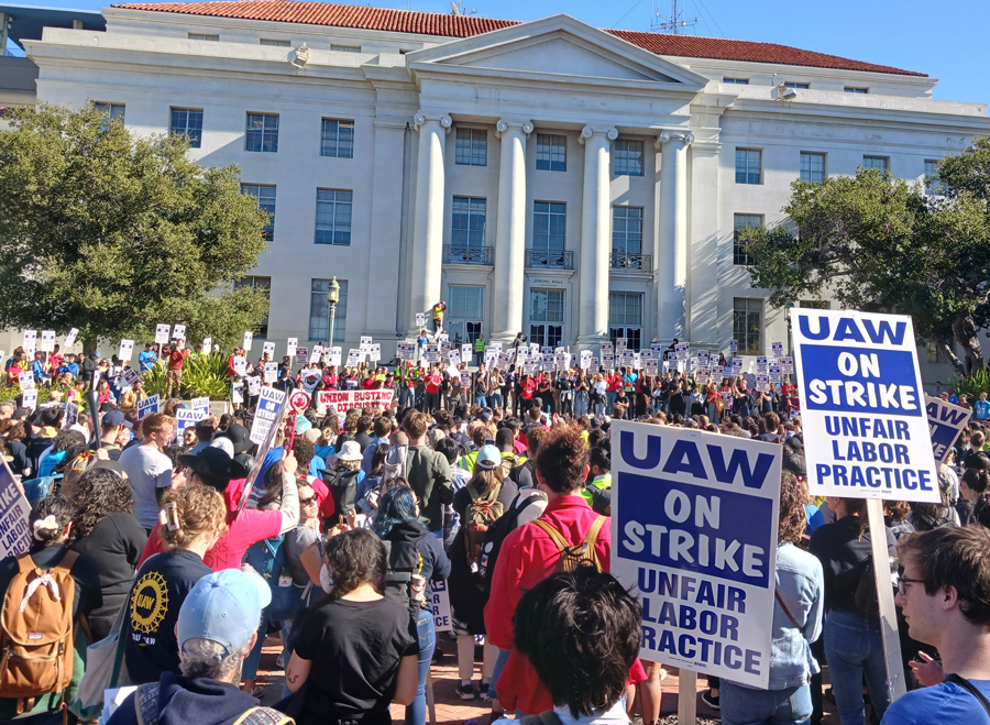 Thousands of teaching assistants, graders and others rally at University of California at Berkeley Nov. 14, first day of statewide university workers’ strike for higher wages, benefits.