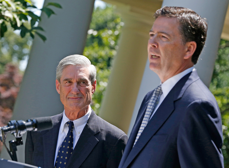 Former FBI directors Robert Mueller, left, and his replacement James Comey, June 21, 2013. Both served as lead special prosecutors in Democrats’ witch hunt against President Donald Trump. Democratic officials are considering new prosecutor to try to stop him if he runs again.