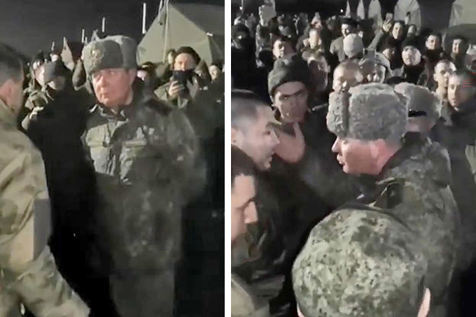 Thousands of Russian conscript soldiers confront Gen. Kirill Kulakov, in hat, at Kazan training base in southwest Russia. They protested treatment by the brass, refused to be deployed to front lines. Chants included, “Get out of here!” “Shame on you!” “Down with Putin’s regime!”