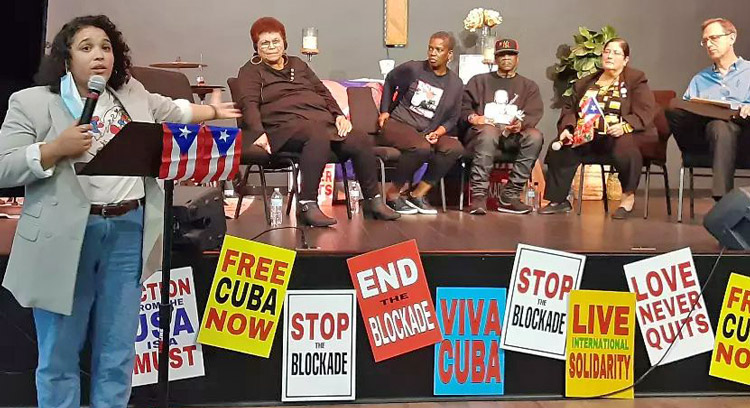 Oct. 28 event in People’s Church in New York. From left, Rev. Dorlimar Lebrón, chair; Milagros Rivera, Cuba Solidarity Committee in Puerto Rico; Gail Walker, Pastors for Peace; Oronde Lumumba Shakur, African People’s Socialist Party; Ana López, Frente Independentista Boricua; and Martín Koppel, SWP.