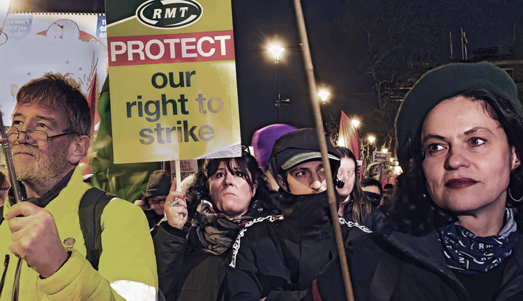 Hundreds of trade unionists join protest against government anti-strike bill Jan. 16, Downing Street, London. Action was called by the Rail, Maritime and Transport union.