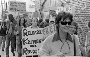 Mary Lou Montauk, front, in 1973 protest organized by Socialist Workers Party in the Bay Area against French government arrest of leaders of Ligue Communiste, a sister party of the SWP.