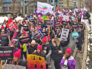 Hundreds of members of the Ontario Nurses’ Association picket outside contract negotiations in Toronto, March 2, demanding increased wages, more staffing and better working conditions.
