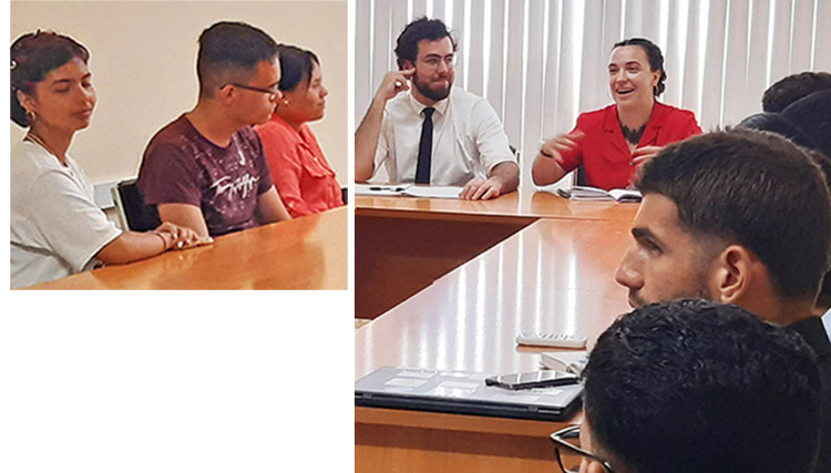 Cuban youth organizations sponsored lively discussion with young socialists from U.S., Canada and U.K. at Higher Institute on International Relations in Havana Feb. 17. Photo at right, Félix Vincent Ardea, Communist League in Canada, and Gabrielle Prosser, Socialist Workers Party.