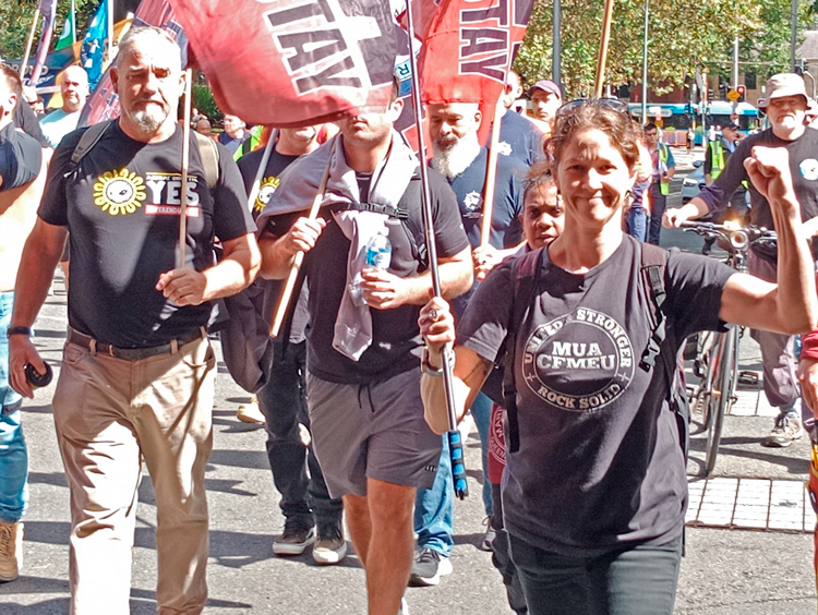 Unionists march in Sydney April 5 demanding ban on manufacture, use of stone products that produce silica dust. These particles can cause silicosis, a potentially fatal scaring of the lungs.