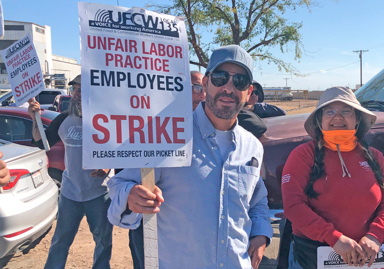 Striking sugar beet workers, members of United Food and Commercial Workers, picket Spreckels Sugar Company in Brawley, California, March 16. Strikers won widespread support.