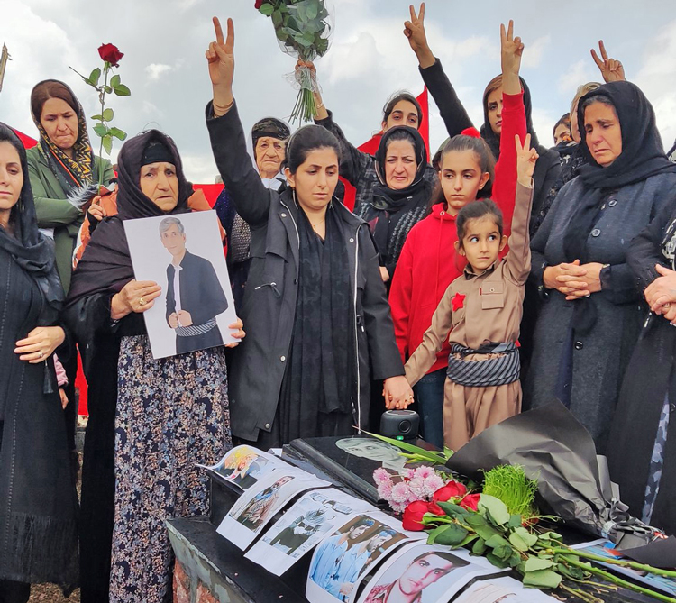 Gathering in Kamiyaran city, Kurdistan province, a few days before Iranian New Year at grave of Fawad Mohammadi, killed in November protest. People brought gifts to cemeteries around Iran on New Year’s Day to honor those murdered at recent actions and protests in 2018, 2019.