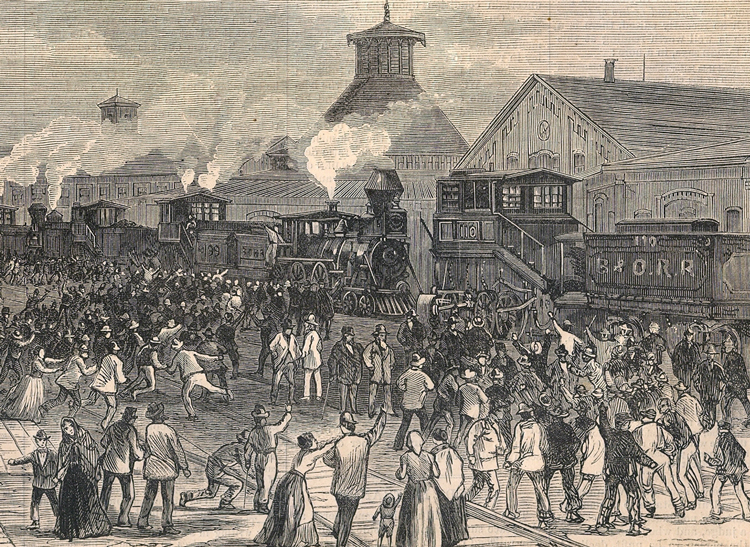Rail strike in West Virginia, above, set off 1877 general strike. Karl Marx wrote that the policies of the capitalist rulers would “turn the Negroes” and “convert the farmers of the West” into allies of the workers, forging the class forces that would make a revolution in the U.S.