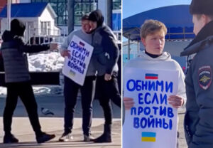 Nikita Gorbunov, 20, held a placard April 16 with the Ukrainian and Russian flags, saying, “Hug me if you’re against the war,” in Izhevsk, 600 miles east of Moscow. People in the park constantly embraced him for over an hour before police arrested him still holding his sign.