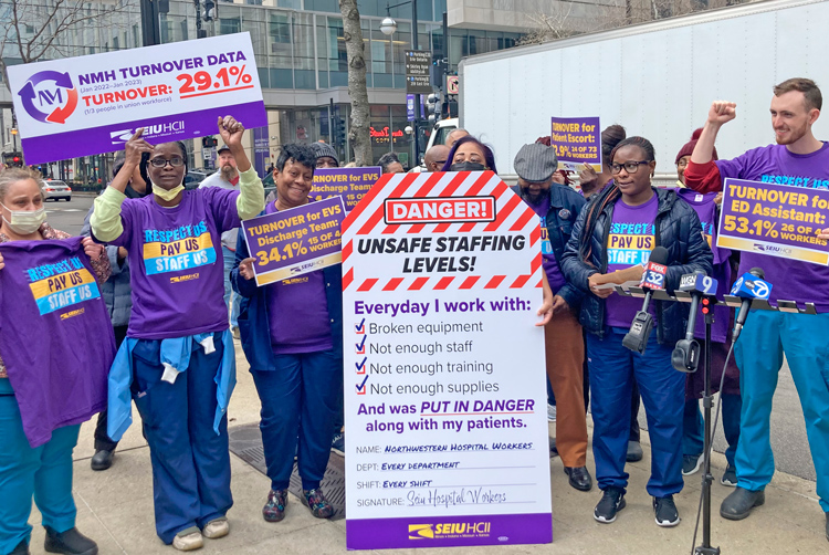 Hospital workers, members of Service Employees International Union, rally outside Northwestern hospital in Chicago March 31 in fight for contract, pay increase, more staffing.