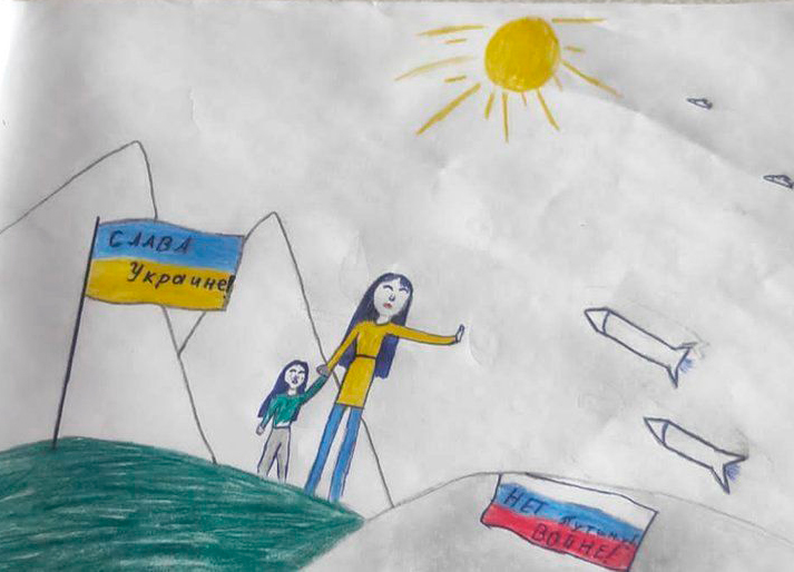 Drawing by 12-year-old Masha Moskaleva from Yefremov, south of Moscow. Ukrainian woman and child defy Russian missiles, with “Glory to Ukraine” on Ukraine flag, “No to war!” on Russian flag. Her father has been sentenced to prison while she’s confined in a children’s home.