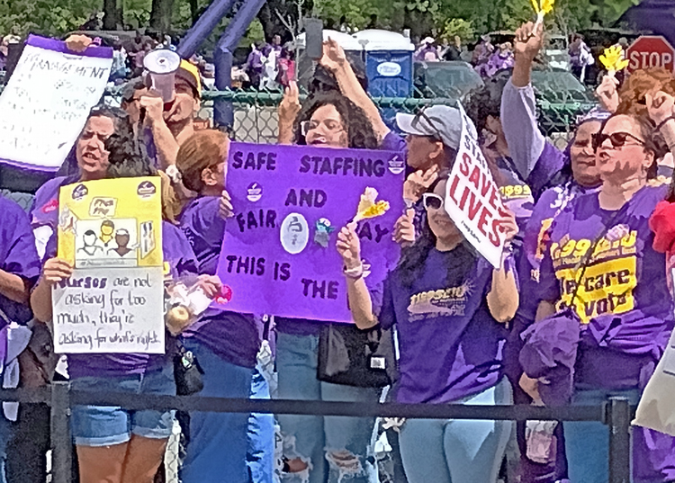Hundreds of nurses, members of 1199SEIU, rally for their first union contract May 16 at Clara Maass Medical Center in Belleville, New Jersey. Union is demanding safe staffing, higher pay.