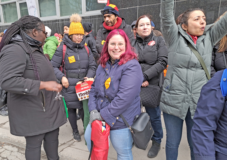 Picket line in Montreal April 19, first day of strike by 155,000 public workers across Canada. Key issue was pay increase to cover inflation. Most workers will vote on contract soon.