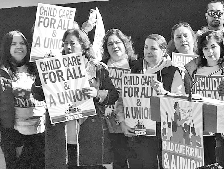 Child care workers protest in Sacramento, California, February 2020 as part of fight for union recognition. There can be no road to ending women’s oppression, Waters said, without dealing with social crises bearing down on families of working class, and responsibilities women shoulder.