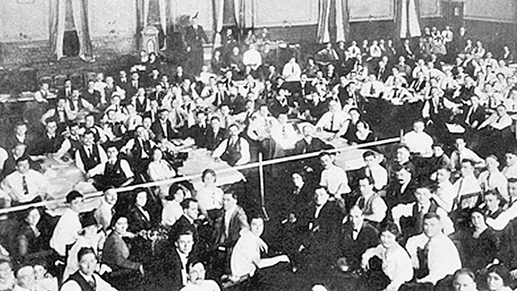 Delegates at founding convention of Communist Party of America in Chicago, September 1919. James P. Cannon, one of the party’s founding leaders, said that their perspective was to build a Bolshevik-style party in United States like V.I. Lenin had constructed that led workers and peasants to power in Russia.
