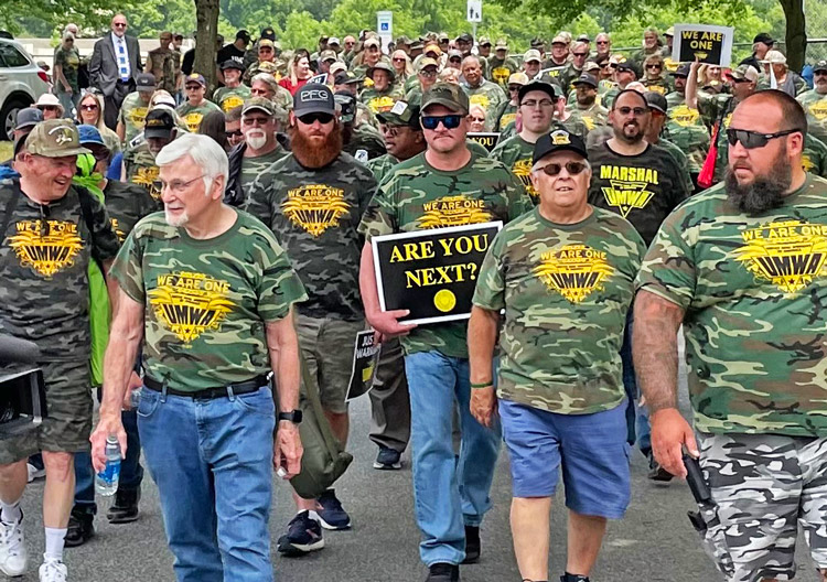 United Mine Workers and supporters demonstrate at Vanguard Group investment company in Malvern, Pennsylvania, June 6, demanding Warrior Met Coal rehire miners with union intact.