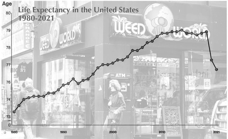 Growing epidemic of drug abuse is a major reason life expectancy has declined. Background photo, marijuana store in New York, where government promotes its use.