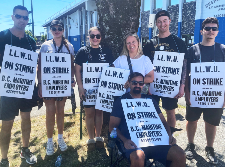 International Longshore and Warehouse Canada picket line in Vancouver, British Columbia, July 1. Workers are demanding wage increase to cover inflation, job protection.
