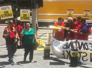 Laura Garza, rail worker and SWP candidate for U.S. Senate from California, joins hotel workers in UNITE HERE Local 11 on strike picket line July 2 at InterContinental Hotel in Los Angeles.