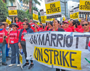 Hotel workers, members of UNITE HERE Local 11, rally in Los Angeles Aug. 7 as part of fourth round of rolling strikes for a pay raise, better working conditions and for affordable housing.
