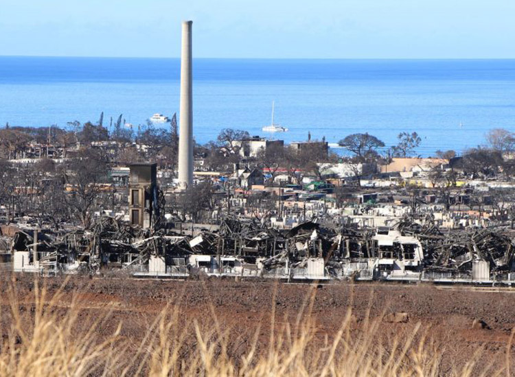 Burned-out homes in Lahaina on Maui, Hawaii, surround old Pioneer Mill smokestack. Wildfire started Aug. 8, fueled by overgrown invasive grasses on abandoned sugar plantation land.
