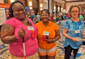 At National Federation of the Blind convention July 2, Pathfinder volunteer Gale Shangold, right, spoke with, from left, Marva Hall and Casshia Cooks Coplin, a UPS worker who got Militant subscription. Discussions covered unions, constitutional freedoms, women’s rights.