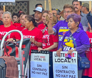 Striking hotel workers, members of UNITE HERE Local 11, rally in Long Beach, California, Aug. 11 in fight for contract and against violent attacks by hotel security on picket lines.