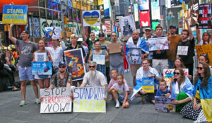 Protest at Times Square in New York City July 30 organized by Russian-born opponents of Moscow’s invasion of Ukraine.