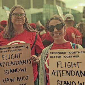 Union flight attendants join solidarity rally in Detroit Sept. 15 backing striking UAW members.