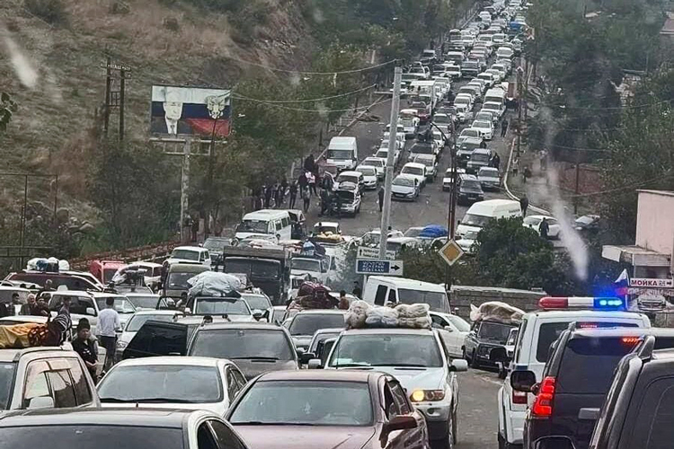 Exodus of Nagorno-Karabakh refugees jams road to Armenia Sept. 27. Region was seized by Turkish-backed Azerbaijani forces week earlier.
