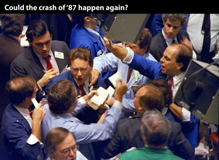 New York Stock Exchange, Oct. 19, 1987, onset of U.S. financial crash. Similar crash struck world markets in 2007. Crises are built into the workings of capitalism, driving bosses and their governments to push to salvage their profit system on the backs of working people.