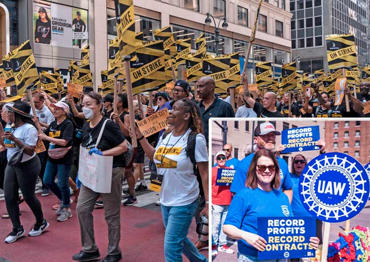 Arriba, huelguistas de gremios de actores y guionistas marchan en desfile del Día del Trabajo en Nueva York, septiembre 9. Recuadro, contingente de sindicato automotriz UAW en Día del Trabajo en Nashville, Tennessee.